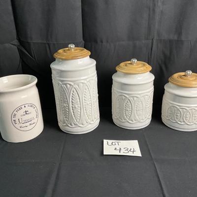 Lot S 434 Set of Three Pier 1 Imports Ceramic Canisters with Wooden Lids & One Ceramic Utensils Jar