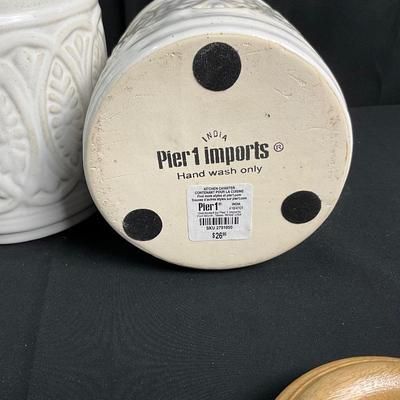 Lot S 434 Set of Three Pier 1 Imports Ceramic Canisters with Wooden Lids & One Ceramic Utensils Jar