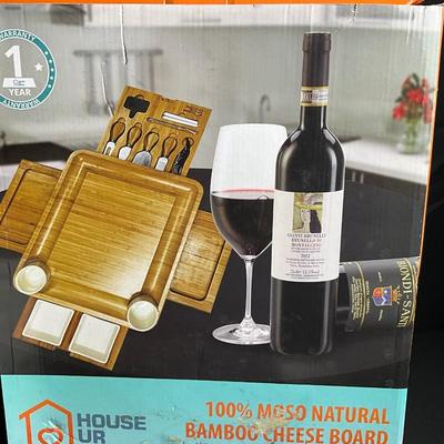 Lot S 438 NIB Natural Bamboo Cheese Board / NWT Two Wrought Iron Trivets / NIB Set of Four Wine Glasses / NIB Wine Set