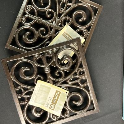Lot S 438 NIB Natural Bamboo Cheese Board / NWT Two Wrought Iron Trivets / NIB Set of Four Wine Glasses / NIB Wine Set