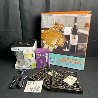 Lot S 438 NIB Natural Bamboo Cheese Board / NWT Two Wrought Iron Trivets / NIB Set of Four Wine Glasses / NIB Wine Set