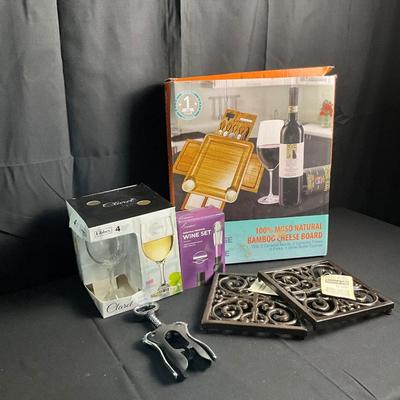 Lot S 438 NIB Natural Bamboo Cheese Board / NWT Two Wrought Iron Trivets / NIB Set of Four Wine Glasses / NIB Wine Set