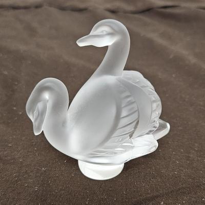 Vintage Signed/Marked Lalique Frosted Glass model of a pair of swans