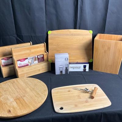 Lot R 447 NWT Bamboo Cabinet Organizers / Bamboo Cutting Boards / Bamboo Waste Basket / Bamboo Lazy-Susan / Wine Set
