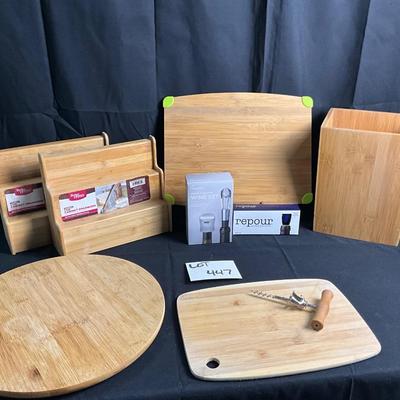 Lot R 447 NWT Bamboo Cabinet Organizers / Bamboo Cutting Boards / Bamboo Waste Basket / Bamboo Lazy-Susan / Wine Set