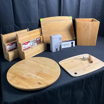 Lot R 447 NWT Bamboo Cabinet Organizers / Bamboo Cutting Boards / Bamboo Waste Basket / Bamboo Lazy-Susan / Wine Set