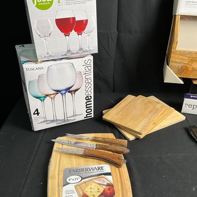 Lot R 448. Wooden Wine Rack / NIB Two Sets of Four Wine Glasses / Cork Screws / NWT Cheese Board and more