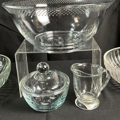 Lot R 451 Clear Glass Serving Bowls / Clear Glass Shakers / Creamer / Sugar / Butter Dish