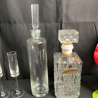 Lot R 456 Floral Painted Wine Glasses / Crystal Champagne Flutes from Hungary / Two Decanters / Two Rose Bud Stoppers / Wine Sets