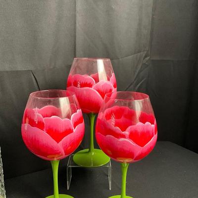 Lot R 456 Floral Painted Wine Glasses / Crystal Champagne Flutes from Hungary / Two Decanters / Two Rose Bud Stoppers / Wine Sets
