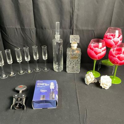 Lot R 456 Floral Painted Wine Glasses / Crystal Champagne Flutes from Hungary / Two Decanters / Two Rose Bud Stoppers / Wine Sets