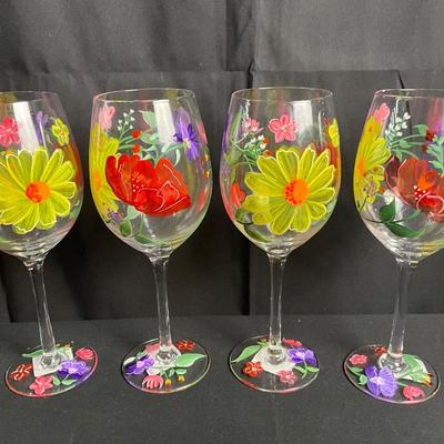 Lot R 457 Set of Four Pier 1 Imports Hand Painted Floral Wine Glasses / Pair of Hand Painted Dragonfly Wine Glasses