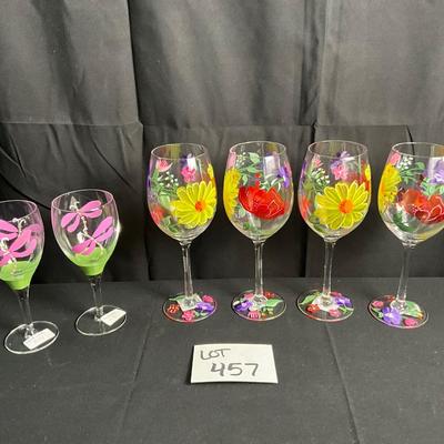 Lot R 457 Set of Four Pier 1 Imports Hand Painted Floral Wine Glasses / Pair of Hand Painted Dragonfly Wine Glasses
