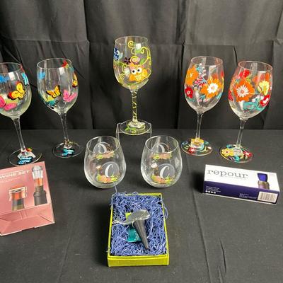 Lot R 459 Lot of Hand Painted Wine Glasses / Wine Sets / Wine Stoper