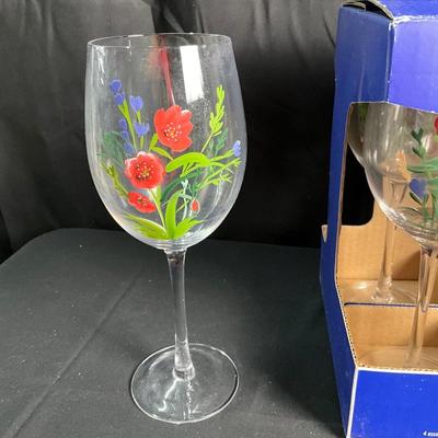 Lot R 460. NIB Two Sets of Four, Pier 1 Imports Hand Painted Wine Glasses
