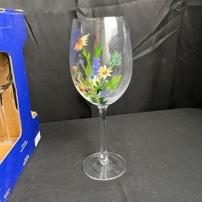 Lot R 460. NIB Two Sets of Four, Pier 1 Imports Hand Painted Wine Glasses