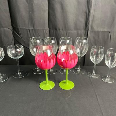 Lot R 466 Lot of Wine Glasses, Two Floral, Eight Clear Glass