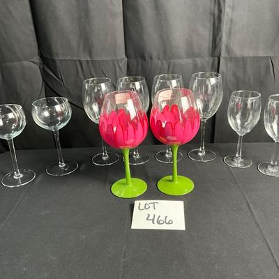 Lot R 466 Lot of Wine Glasses, Two Floral, Eight Clear Glass