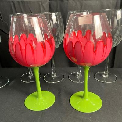 Lot R 466 Lot of Wine Glasses, Two Floral, Eight Clear Glass