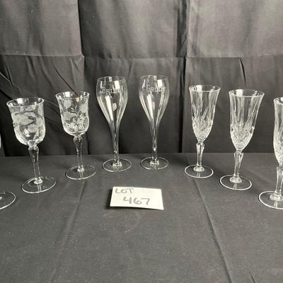 Lot T 467 Bride & Groom Champagne Glasses / Three Etched Champagne Glasses / Three Crystal Champagne Glasses