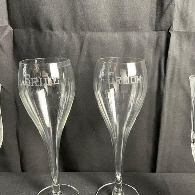 Lot T 467 Bride & Groom Champagne Glasses / Three Etched Champagne Glasses / Three Crystal Champagne Glasses