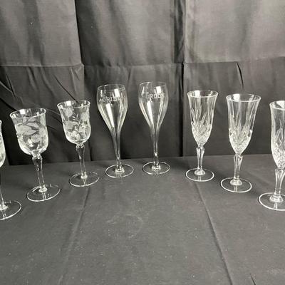 Lot T 467 Bride & Groom Champagne Glasses / Three Etched Champagne Glasses / Three Crystal Champagne Glasses