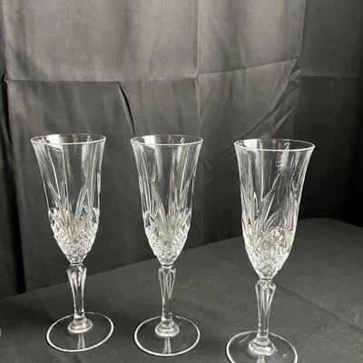 Lot T 467 Bride & Groom Champagne Glasses / Three Etched Champagne Glasses / Three Crystal Champagne Glasses
