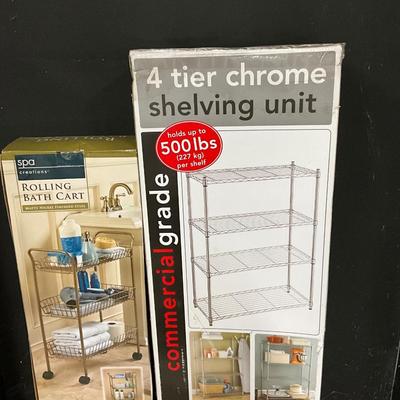 Lot S 476 NIB Four Tier Chrome Shelving Unit / NIB Rolling Bath Cart