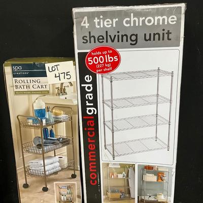 Lot S 476 NIB Four Tier Chrome Shelving Unit / NIB Rolling Bath Cart