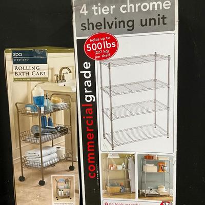 Lot S 476 NIB Four Tier Chrome Shelving Unit / NIB Rolling Bath Cart