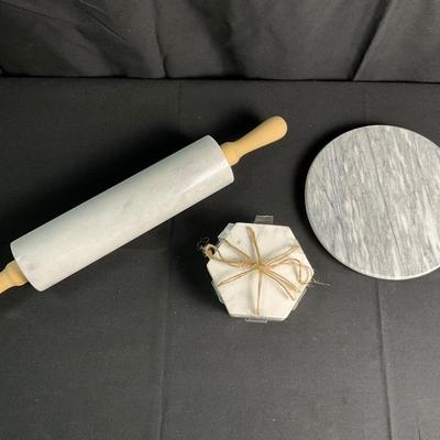 Lot S 477 Marble Rolling Pin / Cheese Plate / 4pc Coaster Set
