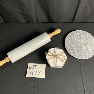 Lot S 477 Marble Rolling Pin / Cheese Plate / 4pc Coaster Set