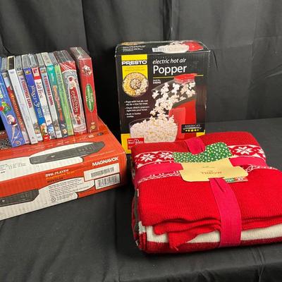 Lot T 485 MOVIE NIGHT with NIB Presto. Electric Hot Air Popper / NIB Magnavox DVD Player / DVD Movies / Cozy NWT Throw