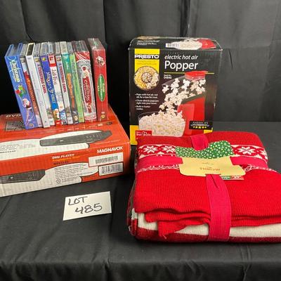 Lot T 485 MOVIE NIGHT with NIB Presto. Electric Hot Air Popper / NIB Magnavox DVD Player / DVD Movies / Cozy NWT Throw