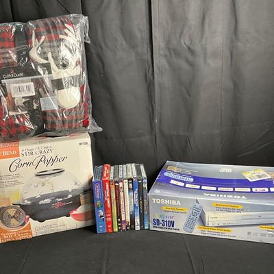 Lot T 486 NIB West Bend Stir Crazy Corn Popper / NIB Toshiba DVD Player & DVD’s / NWT Cuddl Duds Throw