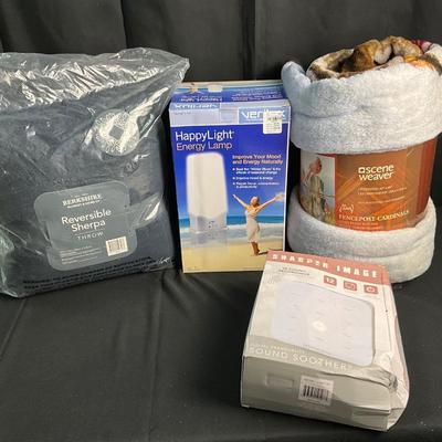 Lot T 490 NIB Happy Light Energy Lamp / NIB Sharper Image Sound Soother/NWT Plush Throw/NWT Reversible Sherpa Throw