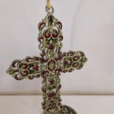 Approx 8 1/2" Tall Collectible Ornamental Cross Cabochon Stones Gold-Tone Stand (LR)