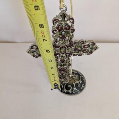 Approx 8 1/2" Tall Collectible Ornamental Cross Cabochon Stones Gold-Tone Stand (LR)