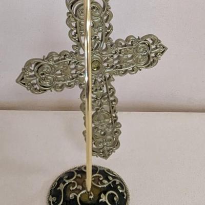Approx 8 1/2" Tall Collectible Ornamental Cross Cabochon Stones Gold-Tone Stand (LR)