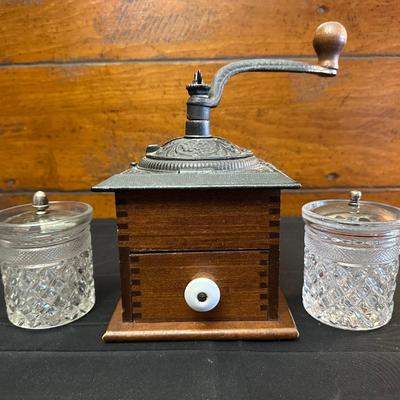 Wood Coffee Grinder and Two Crystal Sugar Glasses