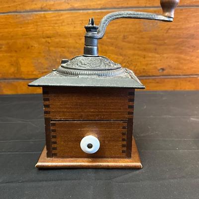 Wood Coffee Grinder and Two Crystal Sugar Glasses