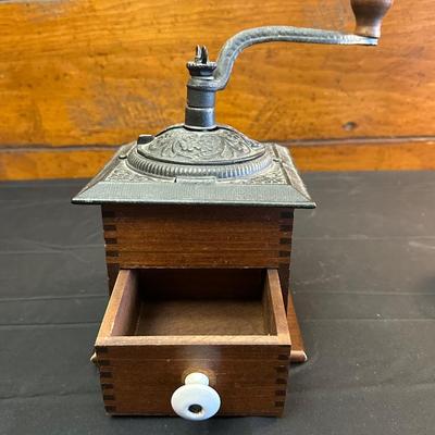 Wood Coffee Grinder and Two Crystal Sugar Glasses