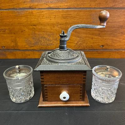 Wood Coffee Grinder and Two Crystal Sugar Glasses