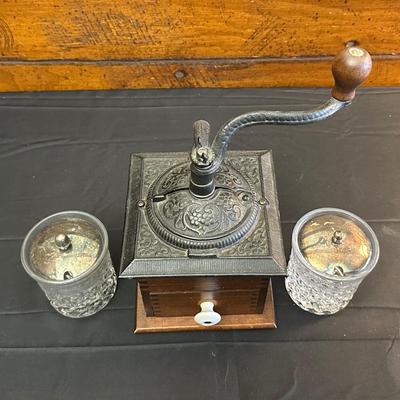 Wood Coffee Grinder and Two Crystal Sugar Glasses