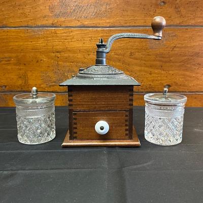 Wood Coffee Grinder and Two Crystal Sugar Glasses
