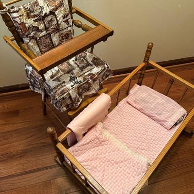 Antique wooden babydoll highchair and crib
