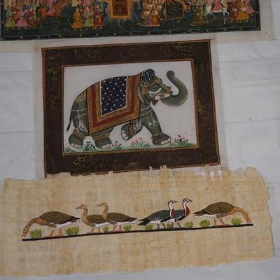 MUGHAI PAINTING EASTERN INDIAN Rajasthaui SCENIC, ELEPHANT & ALSO EGYPTIAN PAINTING ON PAPRUS OF BIRDS
