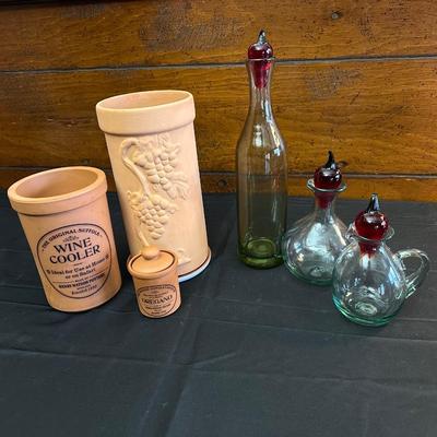 Vintage Hand Blown Glass Decanters and Ceramic Wine Holders