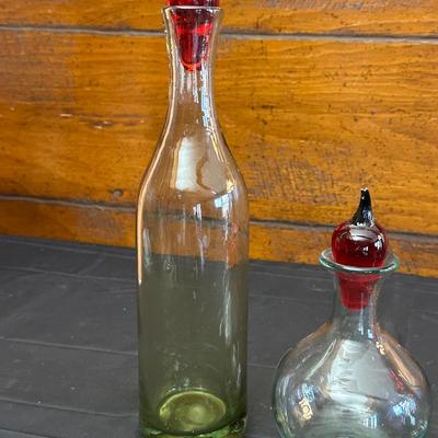 Vintage Hand Blown Glass Decanters and Ceramic Wine Holders