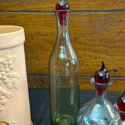 Vintage Hand Blown Glass Decanters and Ceramic Wine Holders